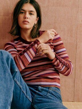 Rare! EUC Sezane Clovis Merino Wool Space Dye Stripe Sweater Red XL